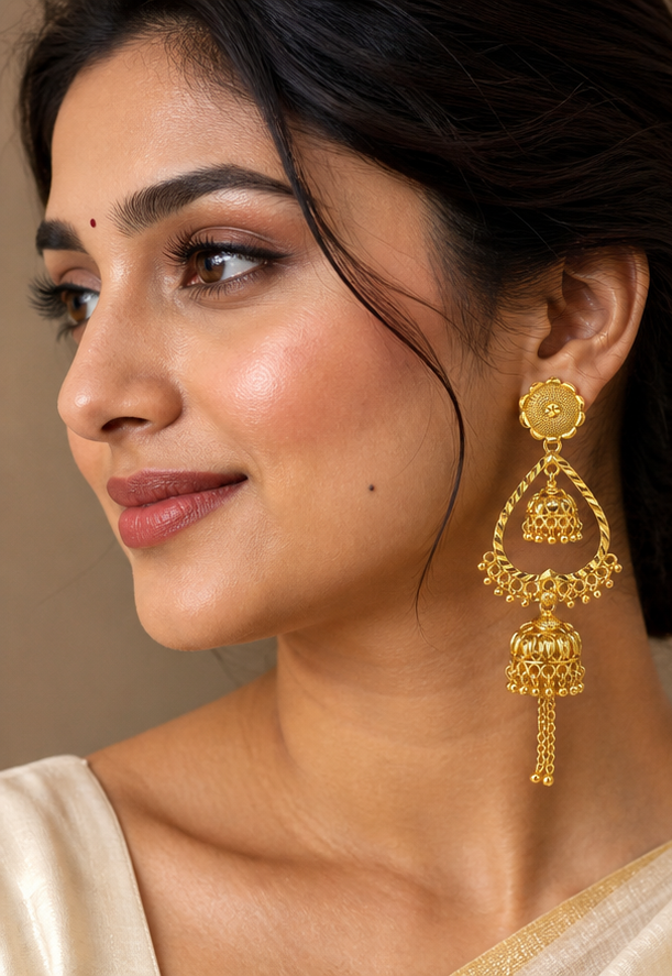 Gold Plated Dual-Tier Jhumka Teardrop Statement Earrings