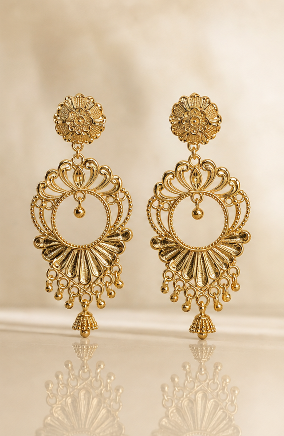 Gold Plated Filigree Chandbali Statement Earrings with Mini Jhumka Drop