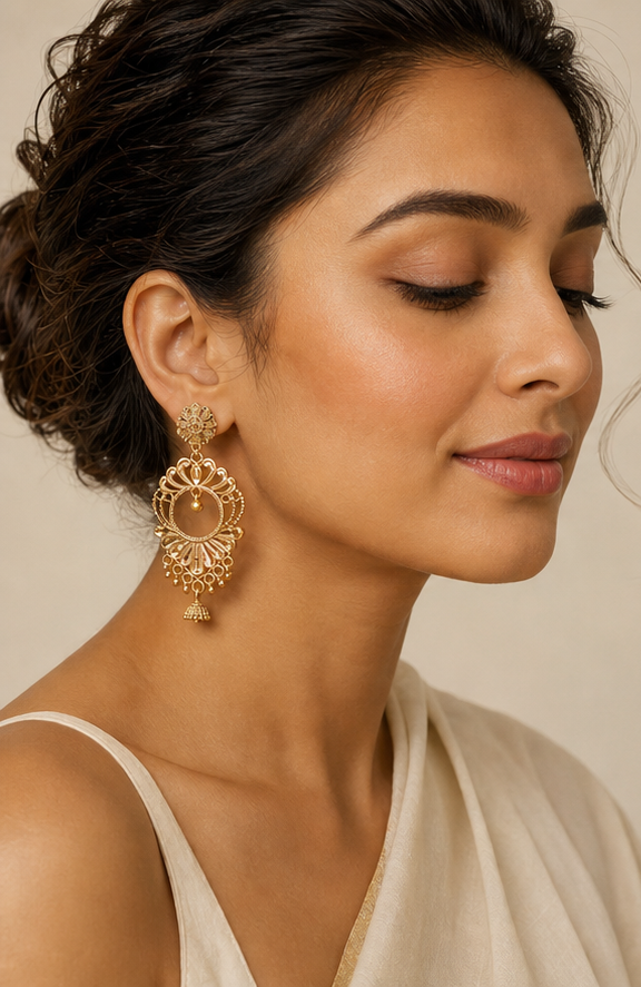 Gold Plated Filigree Chandbali Statement Earrings with Mini Jhumka Drop