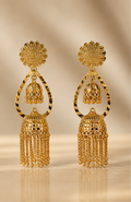 Gold Plated Dual-Tier Jhumka Earrings with Cascading Chain Fringe