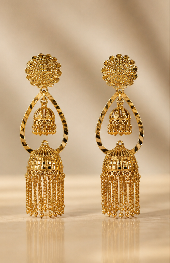 Gold Plated Dual-Tier Jhumka Earrings with Cascading Chain Fringe
