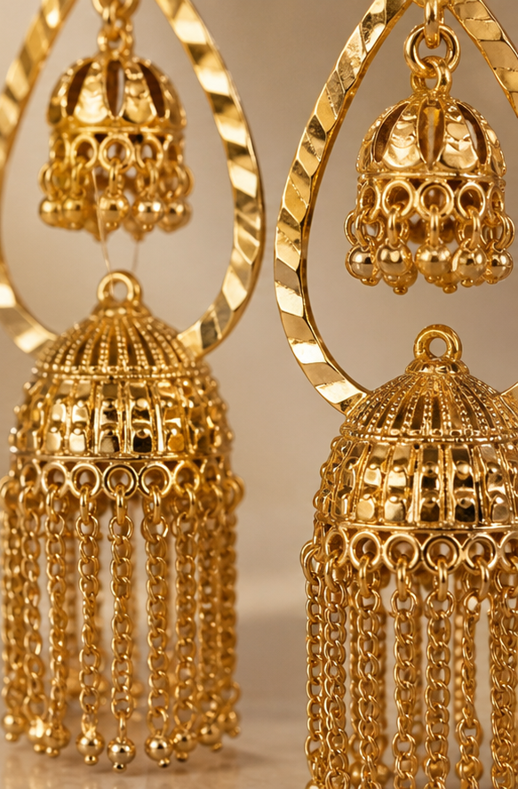 Gold Plated Dual-Tier Jhumka Earrings with Cascading Chain Fringe