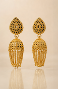 Gold Plated Black Stone Stud Jhumka Earrings with Chain Tassels