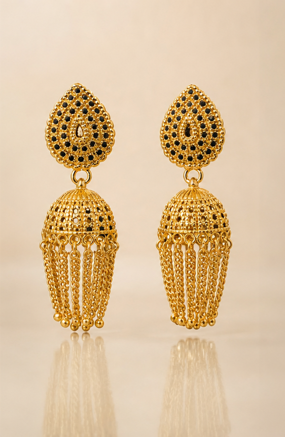 Gold Plated Black Stone Stud Jhumka Earrings with Chain Tassels