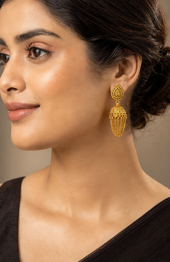 Gold Plated Black Stone Stud Jhumka Earrings with Chain Tassels