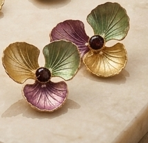 Artisanal Tri-Color Enamel Petal & Garnet Center Stud Earrings