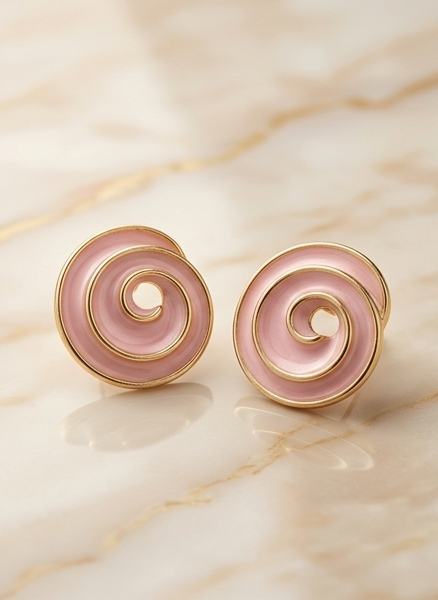 Retro-Luxe Blush Pink Enamel Spiral Gold Stud Earrings