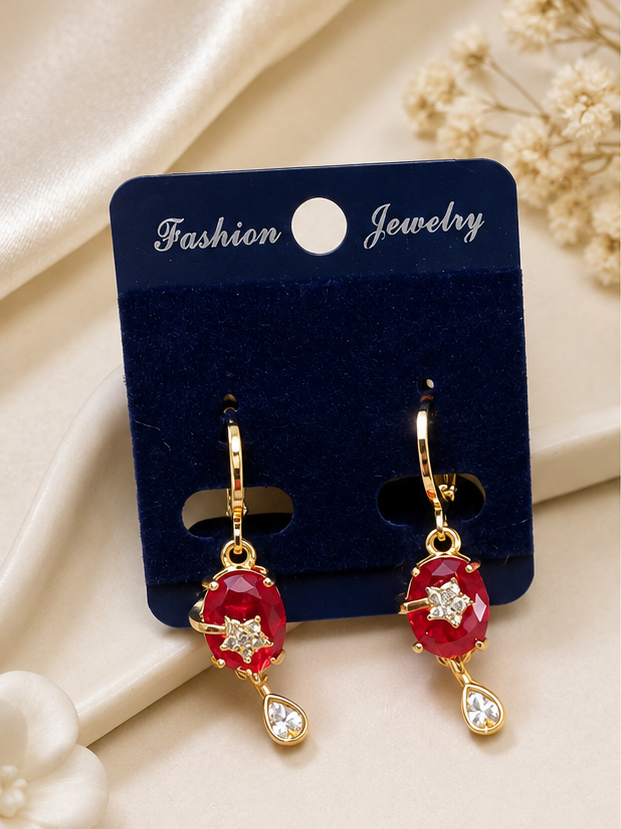 Vintage-Inspired Gold-Tone Ruby-Hued Oval & Crystal Drop Earrings