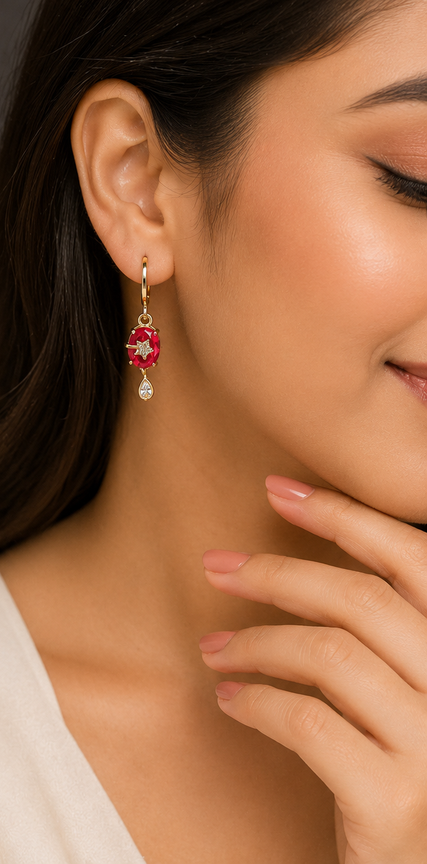 Vintage-Inspired Gold-Tone Ruby-Hued Oval & Crystal Drop Earrings