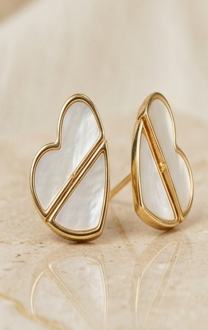 Modernist Mother-of-Pearl Split Heart Gold Stud Earrings