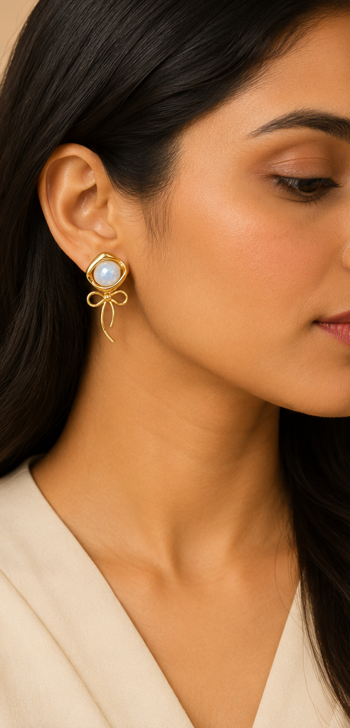 Vintage Ribbon Bow & Iridescent Moonstone Cabochon Gold Stud Earrings