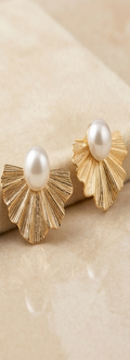 Art Deco Fluted Fan & Oval Pearl Gold Stud Earrings