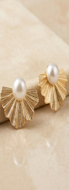 Art Deco Fluted Fan & Oval Pearl Gold Stud Earrings