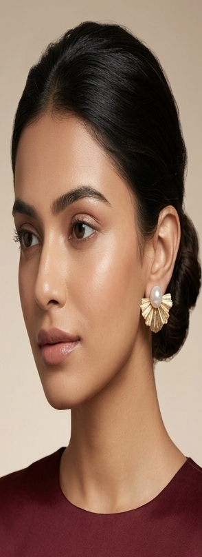 Art Deco Fluted Fan & Oval Pearl Gold Stud Earrings