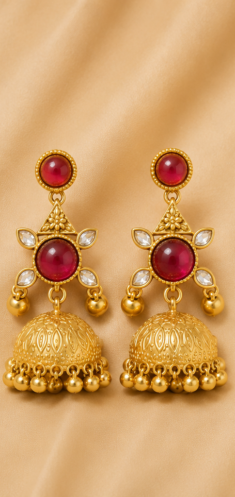 Matte Golden Ruby stone Jhumka Earrings
