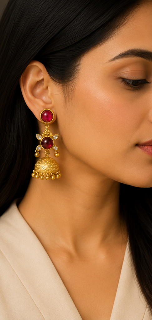 Matte Golden Ruby stone Jhumka Earrings