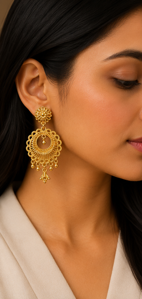 Ornate Chandbali Filigree Gold Drop Earrings