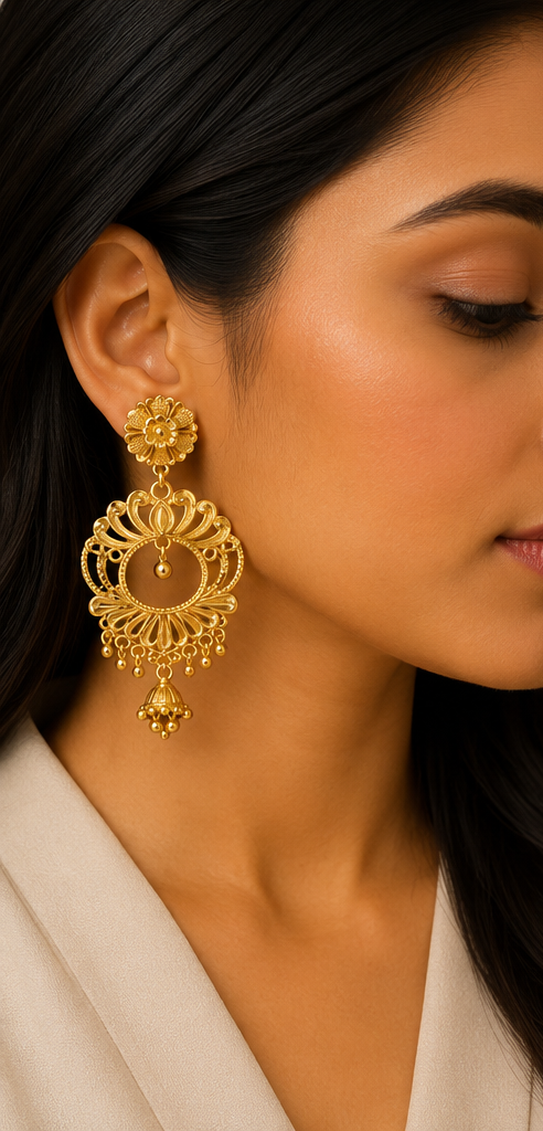 Royal Floral Medallion & Mini Jhumka Gold Drop Earrings