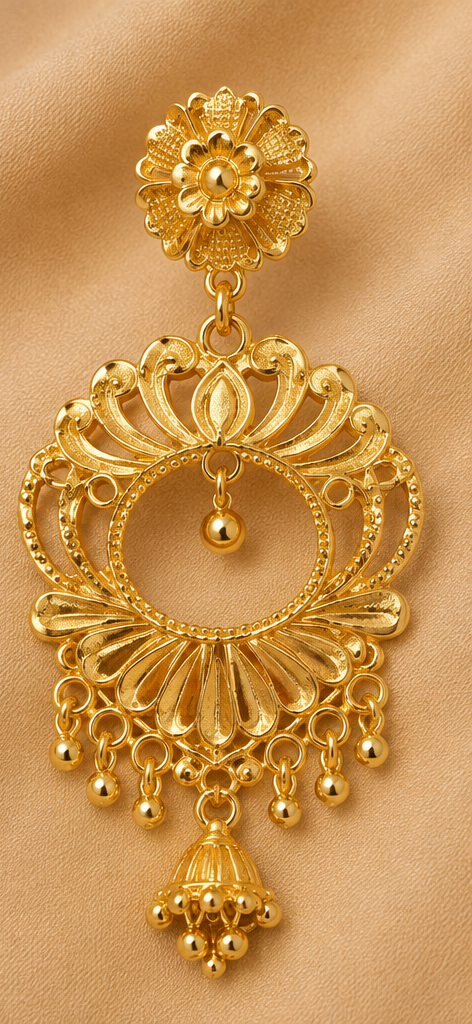 Royal Floral Medallion & Mini Jhumka Gold Drop Earrings