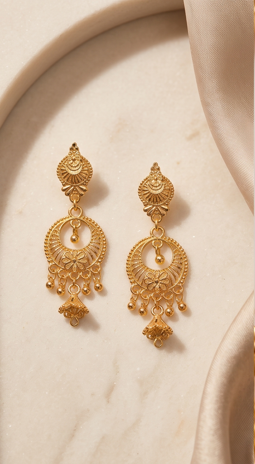 Filigree Crest & Floral Chandbali Gold Drop Earrings