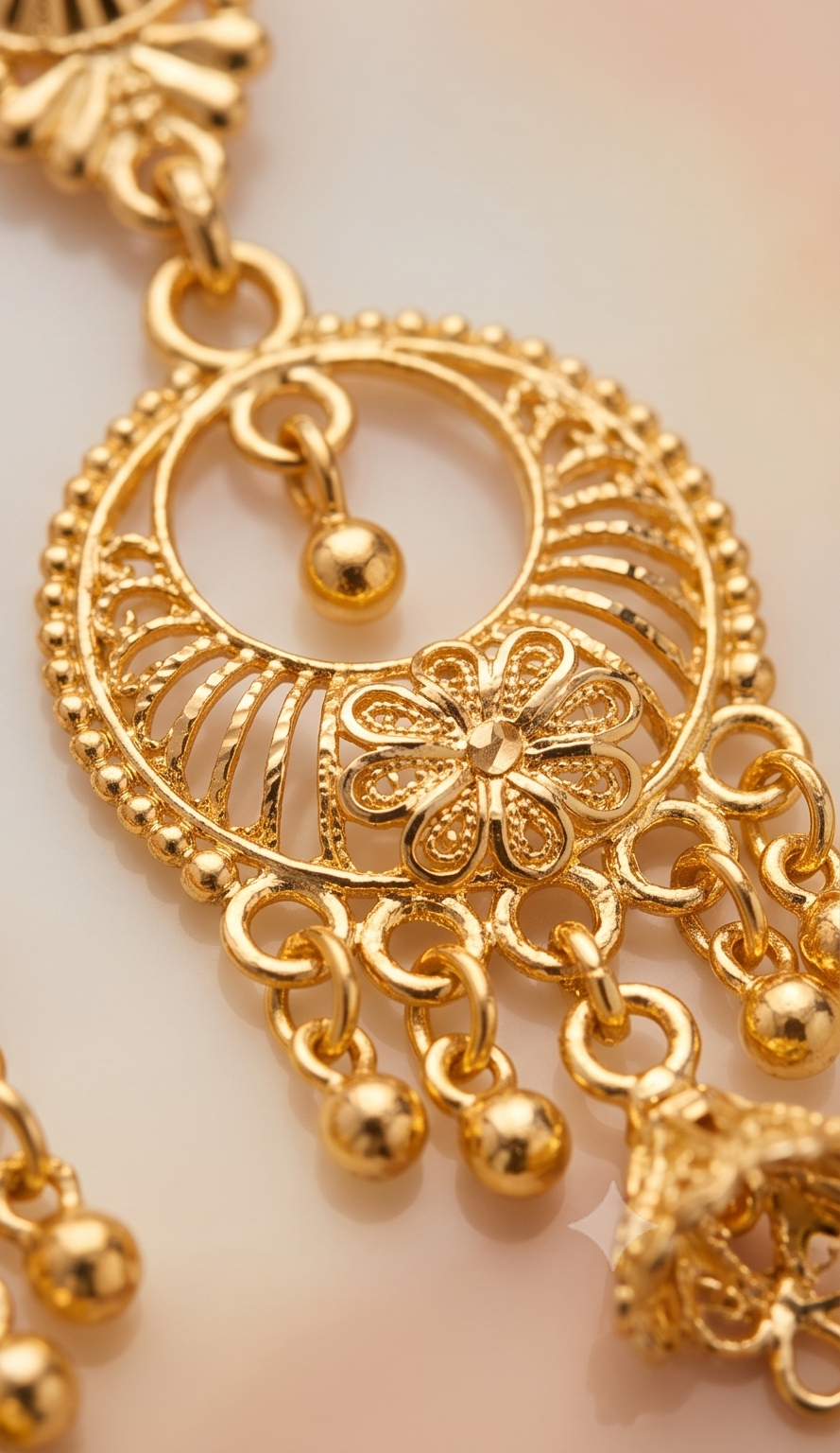 Filigree Crest & Floral Chandbali Gold Drop Earrings
