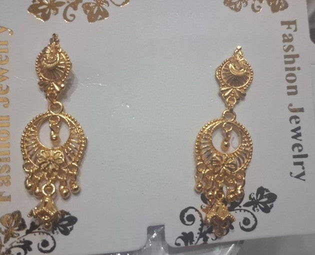Filigree Crest & Floral Chandbali Gold Drop Earrings