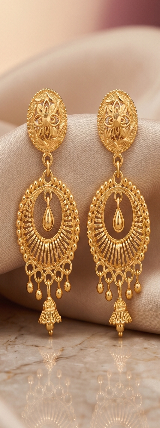 Floral Oval Medallion & Mini Jhumka Gold Plated Drop Earrings