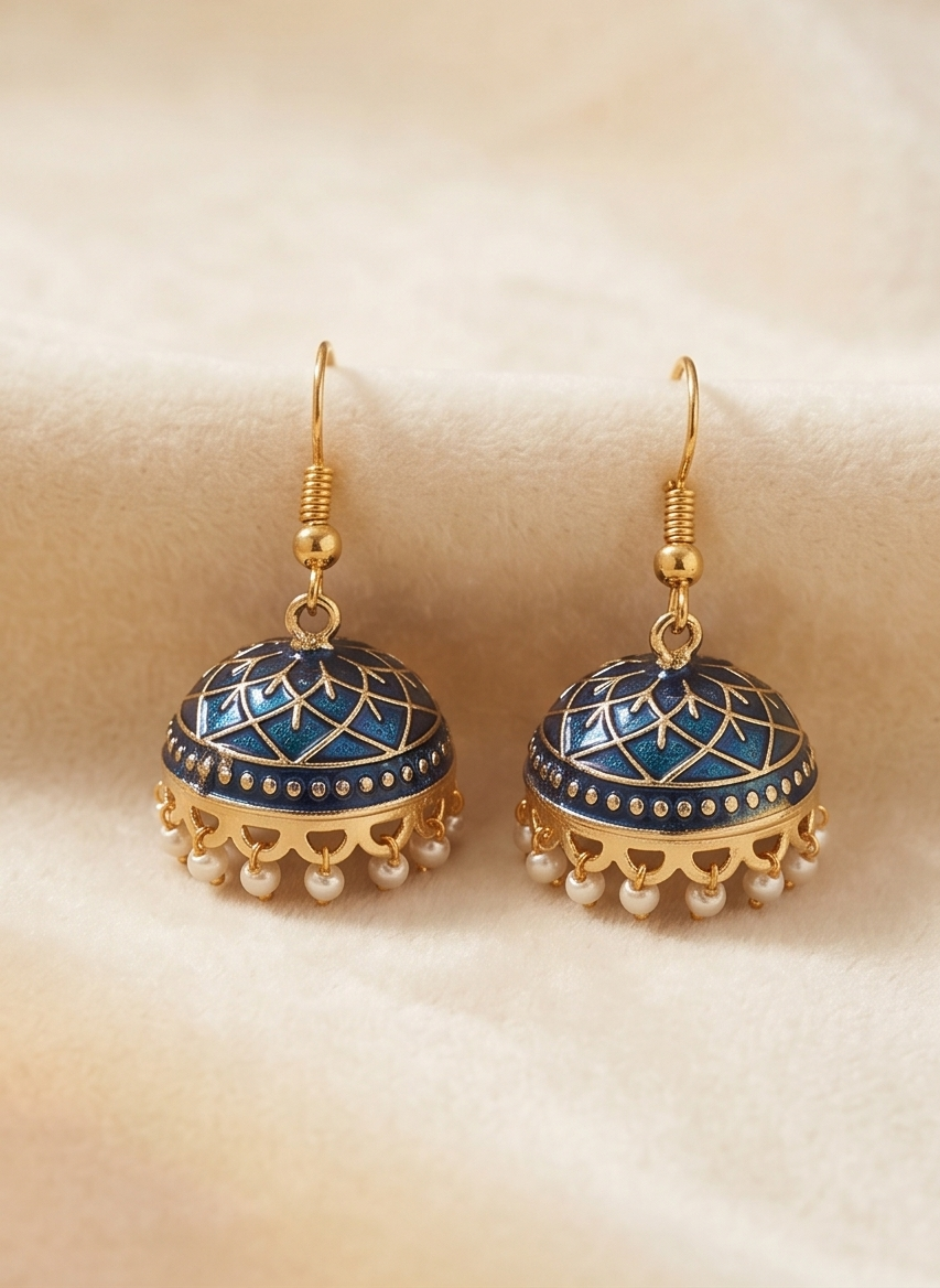 Golden Blue Meenakari Dome Jhumka Earrings with Pearl Droplets