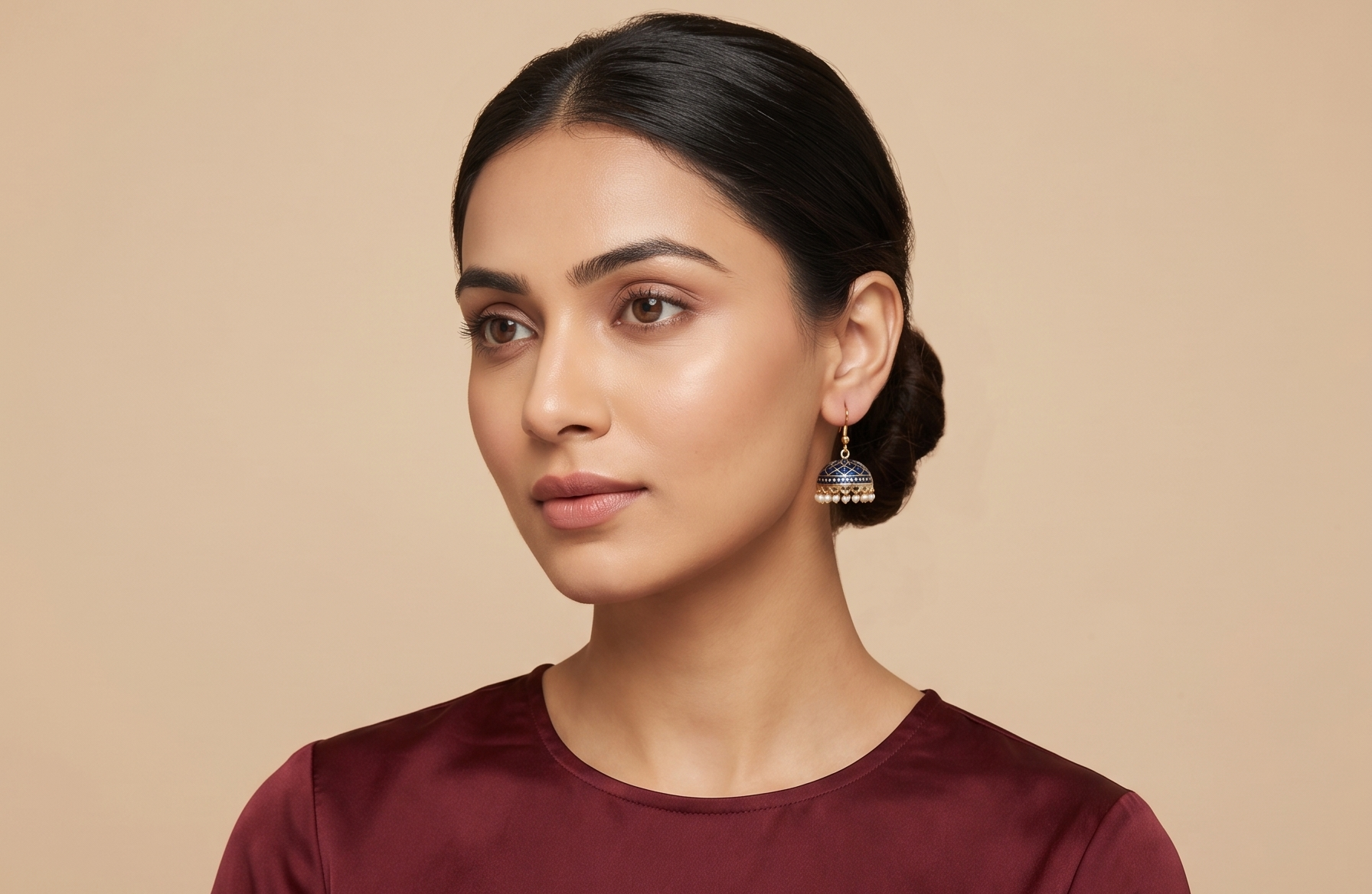 Golden Blue Meenakari Dome Jhumka Earrings with Pearl Droplets
