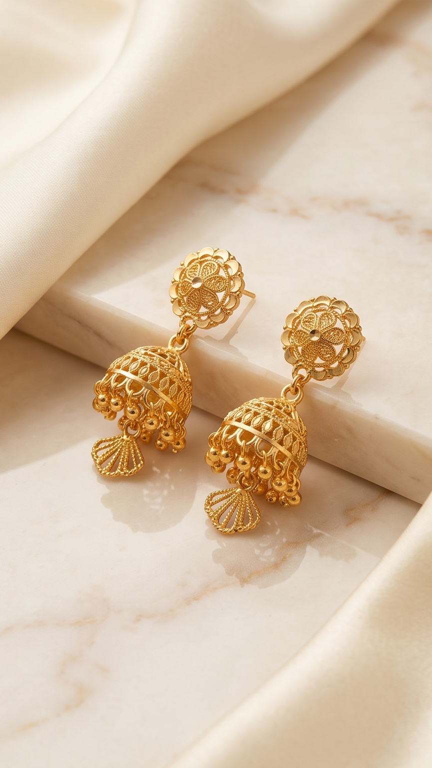 Floral Filigree Jhumka & Fan Charm Gold Drop Earrings