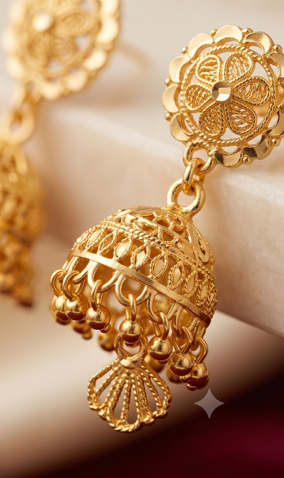 Floral Filigree Jhumka & Fan Charm Gold Drop Earrings