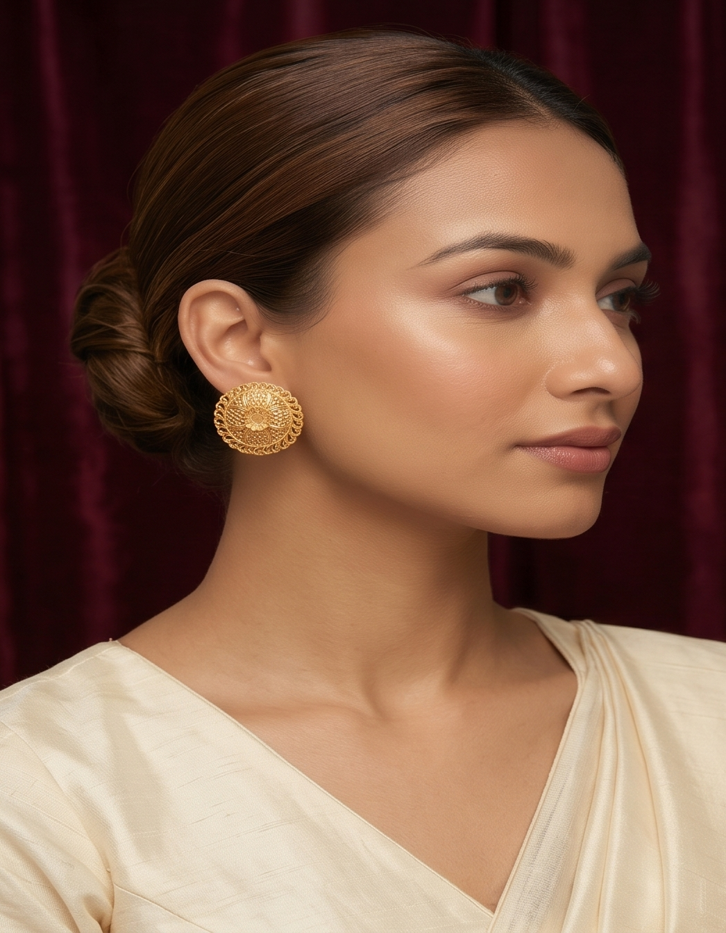 Filigree Floral Oval Gold Medallion Stud Earrings