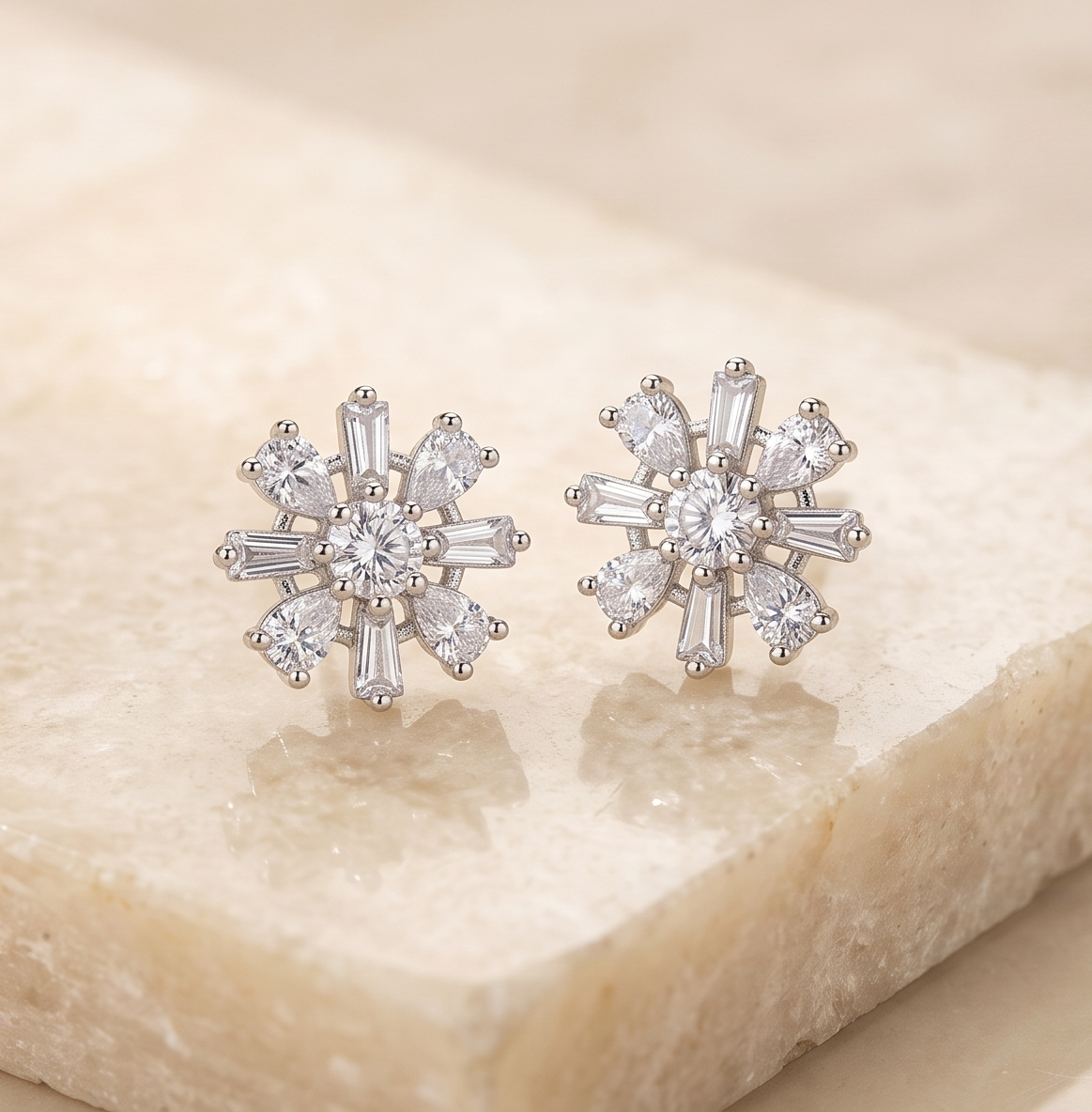 Florentine Frost Cluster Earrings – Silver-Toned American Diamond Studs