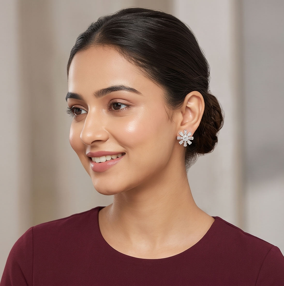 Florentine Frost Cluster Earrings – Silver-Toned American Diamond Studs