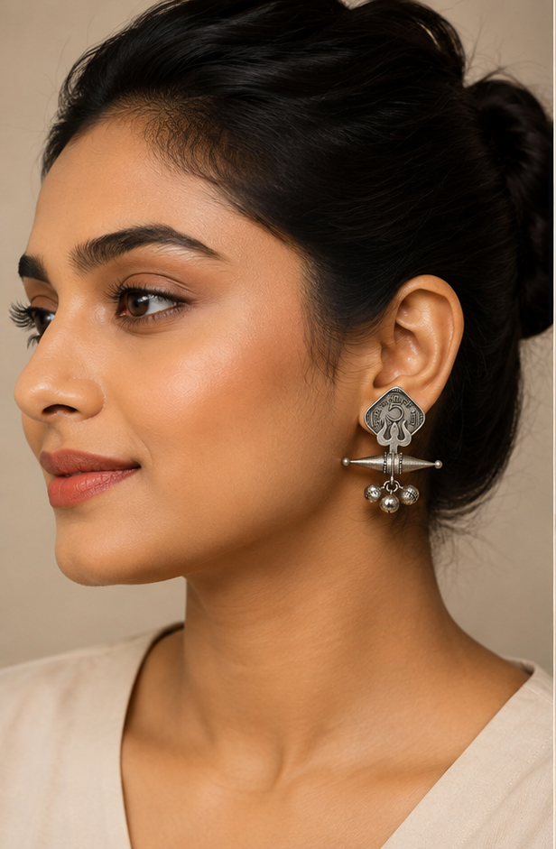 Mudrika | Silver Replica Vintage Coin & Trishul Ghungroo Earrings