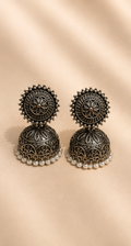 Shatodol | Silver Replica Floral Carved Jhumkas with Seed Pearl Fringe
