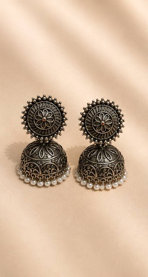 Shatodol | Silver Replica Floral Carved Jhumkas with Seed Pearl Fringe