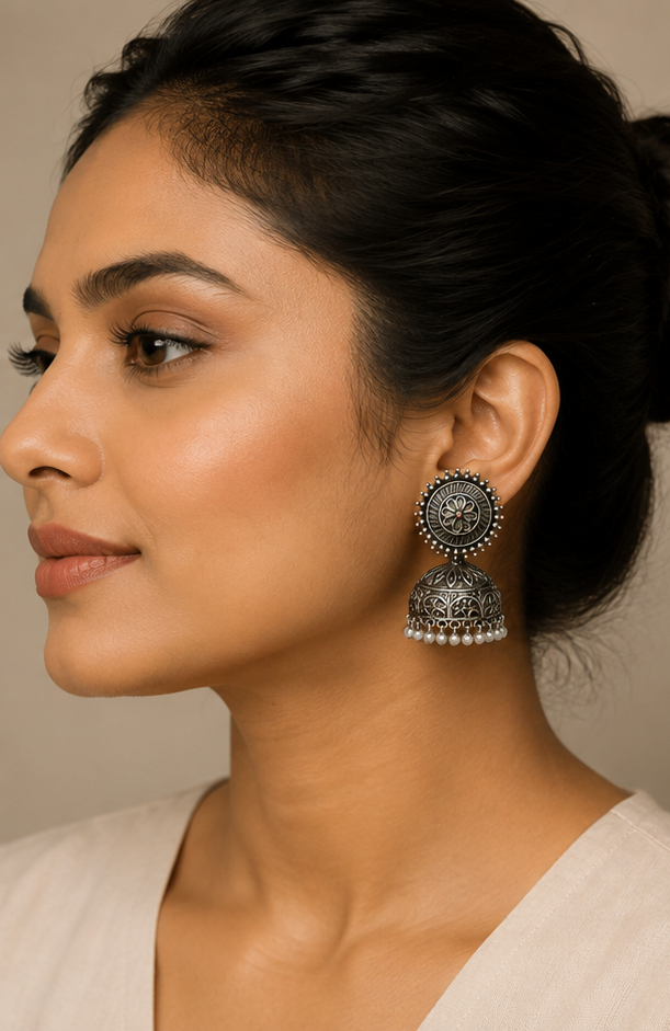 Shatodol | Silver Replica Floral Carved Jhumkas with Seed Pearl Fringe