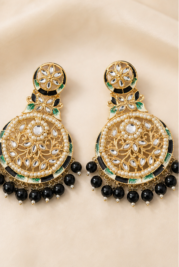 Golden Meenakari & Kundan Chandbali Earrings with Black Bead Drops