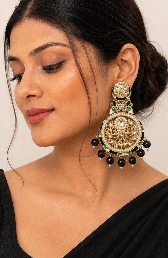 Golden Meenakari & Kundan Chandbali Earrings with Black Bead Drops