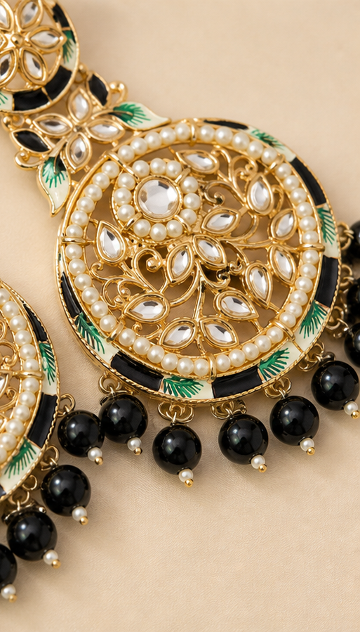 Golden Meenakari & Kundan Chandbali Earrings with Black Bead Drops