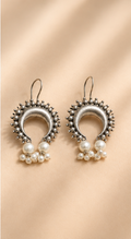 Torsha | Silver Replica Sunburst Crescent & Pearl Cluster Drop Earrings