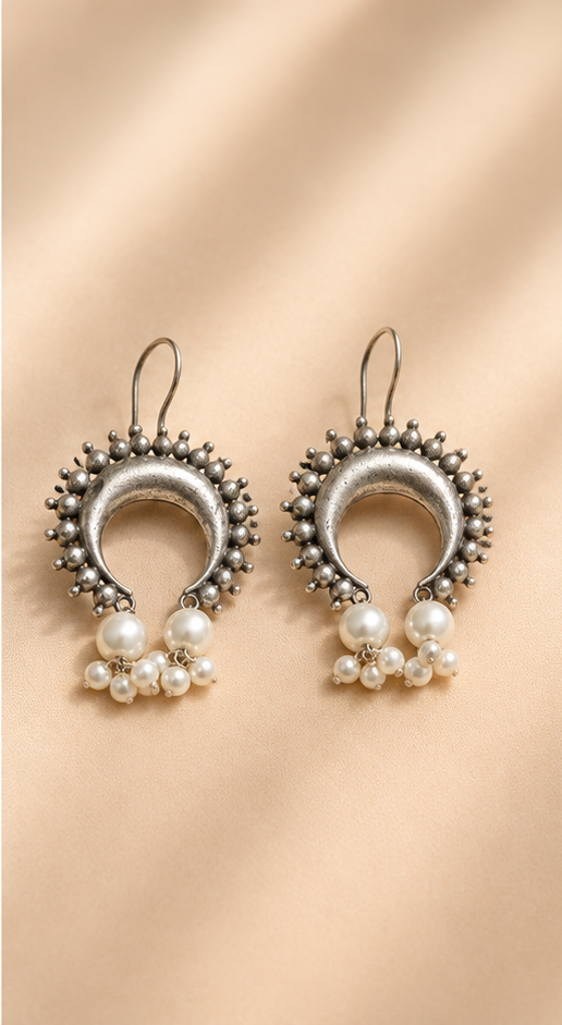 Torsha | Silver Replica Sunburst Crescent & Pearl Cluster Drop Earrings