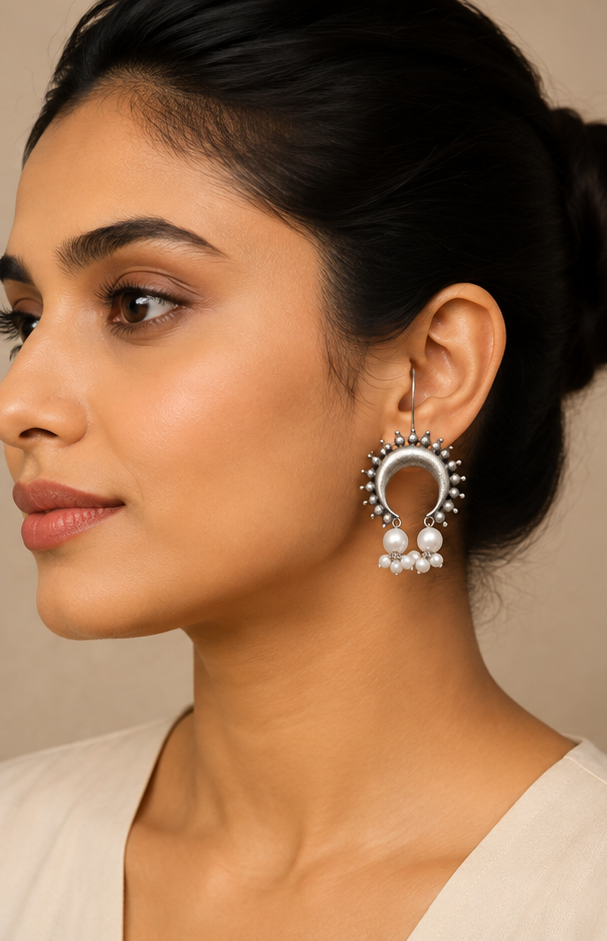 Torsha | Silver Replica Sunburst Crescent & Pearl Cluster Drop Earrings