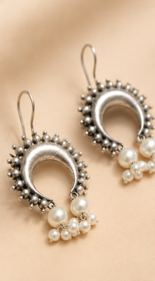 Torsha | Silver Replica Sunburst Crescent & Pearl Cluster Drop Earrings