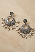 Kamalika (কমলিকা) | Silver Replica Etched Lotus & Pearl Fringe Chandelier Earrings