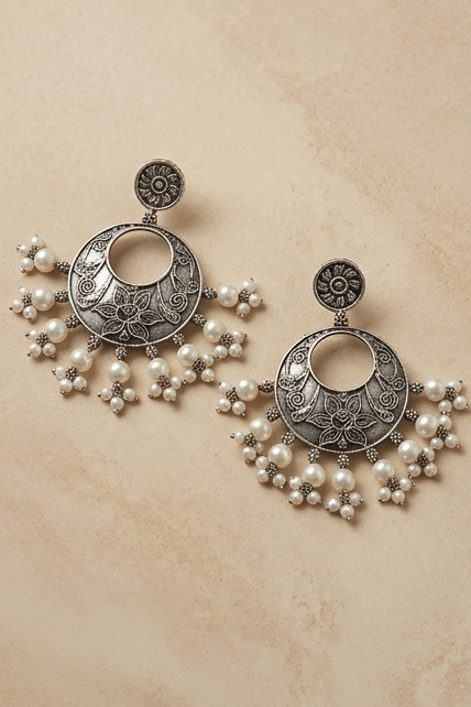Kamalika (কমলিকা) | Silver Replica Etched Lotus & Pearl Fringe Chandelier Earrings