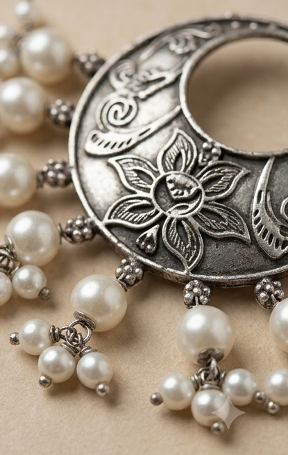 Kamalika (কমলিকা) | Silver Replica Etched Lotus & Pearl Fringe Chandelier Earrings