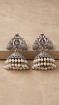 Siddhika (সিদ্ধিকা) | Silver Replica Ganesha & Elephant Temple Jhumkas with Triple-Tier Pearl Fringe