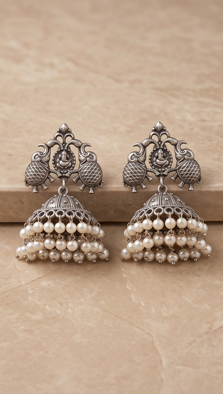 Siddhika (সিদ্ধিকা) | Silver Replica Ganesha & Elephant Temple Jhumkas with Triple-Tier Pearl Fringe